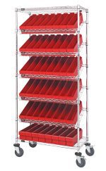 The Quantum Bin Systems Unit is a 36L x 18W x 80H mobile shelving unit featuring (4) posts, (2) flat and (5) slanted wire shelves. It includes (48) red bins for organized storage and (4) swivel polyurethane casters, with a chrome-plated finish suitable for dry storage applications.