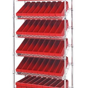 The Quantum Bin Systems Unit is a 36L x 18W x 80H mobile shelving unit featuring (4) posts, (2) flat and (5) slanted wire shelves. It includes (48) red bins for organized storage and (4) swivel polyurethane casters, with a chrome-plated finish suitable for dry storage applications.