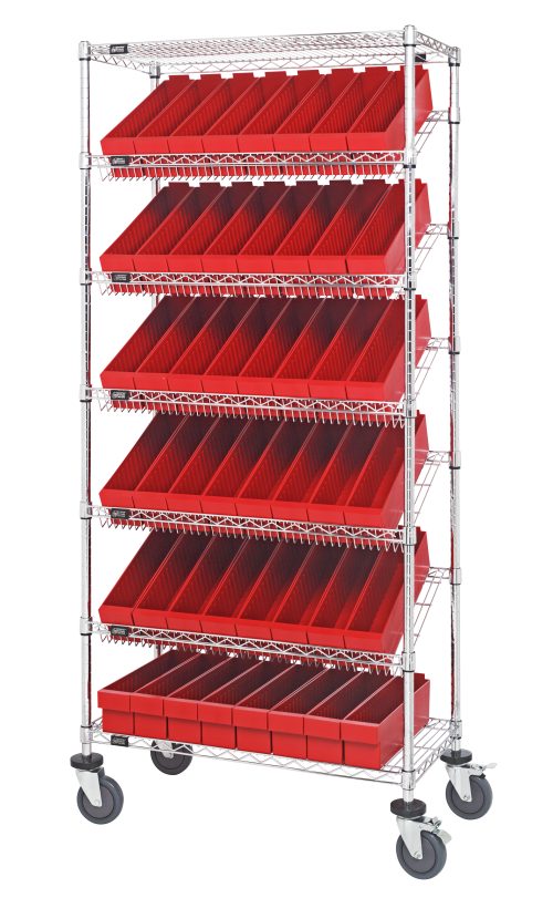 The Quantum Bin Systems Unit is a 36L x 18W x 80H mobile shelving unit featuring (4) posts, (2) flat and (5) slanted wire shelves. It includes (48) red bins for organized storage and (4) swivel polyurethane casters, with a chrome-plated finish suitable for dry storage applications.