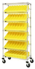 The Quantum Bin Systems Unit is a mobile rack with a six-tier design featuring two flat wire shelves and five slanted wire shelves. It includes 48 yellow bins, sits on four 5 swivel polyurethane casters, and measures 36L x 18W x 80H. Suitable for dry storage, it has a chrome-plated finish.