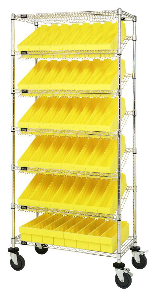 The Quantum Bin Systems Unit is a mobile rack with a six-tier design featuring two flat wire shelves and five slanted wire shelves. It includes 48 yellow bins, sits on four 5 swivel polyurethane casters, and measures 36L x 18W x 80H. Suitable for dry storage, it has a chrome-plated finish.