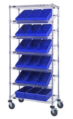 The Quantum Bin Systems Unit, mobile at 36L x 18W x 80H, includes 4 posts, 2 flat wire shelves, and 5 slanted wire shelves. It features chrome plating with (18) blue bins and (4) swivel polyurethane casters for dry storage applications.