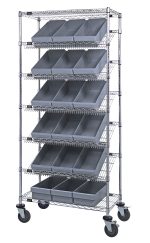 The Quantum Bin Systems Unit is a mobile shelving unit measuring 36L x 18W x 80H. It includes four posts, two flat wire shelves, five slanted wire shelves, and eighteen gray bins. Featuring a sleek industrial chrome-plated finish and four swivel casters, its perfect for dry storage.
