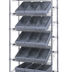 The Quantum Bin Systems Unit is a mobile shelving unit measuring 36L x 18W x 80H. It includes four posts, two flat wire shelves, five slanted wire shelves, and eighteen gray bins. Featuring a sleek industrial chrome-plated finish and four swivel casters, its perfect for dry storage.