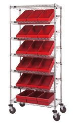 The Quantum Bin Systems Unit is a mobile storage rack, 36L x 18W x 80H, with a chrome-plated finish. It includes four posts, two flat wire shelves, five slanted wire shelves, and eighteen red bins (17-5/8L x 8-3/8W x 4-5/8H) with smooth mobility via four swivel polyurethane casters (two with brakes).