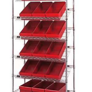 The Quantum Bin Systems Unit is a mobile storage rack, 36L x 18W x 80H, with a chrome-plated finish. It includes four posts, two flat wire shelves, five slanted wire shelves, and eighteen red bins (17-5/8L x 8-3/8W x 4-5/8H) with smooth mobility via four swivel polyurethane casters (two with brakes).