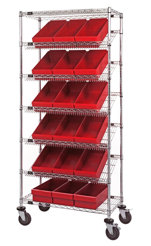 The Quantum Bin Systems Unit is a mobile storage rack, 36L x 18W x 80H, with a chrome-plated finish. It includes four posts, two flat wire shelves, five slanted wire shelves, and eighteen red bins (17-5/8L x 8-3/8W x 4-5/8H) with smooth mobility via four swivel polyurethane casters (two with brakes).