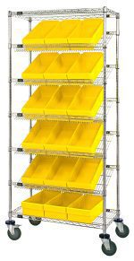 The Quantum Bin Systems Unit is a mobile storage rack, 36L x 18W x 80H, with chrome-plated finish. It includes 4 posts, 2 flat and 5 slanted wire shelves, and accommodates eighteen yellow bins (17-5/8L x 8-3/8W x 4-5/8H). Features four swivel casters for easy movement.