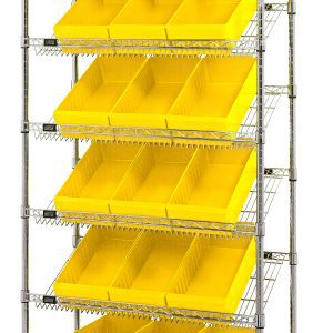 The Quantum Bin Systems Unit is a mobile storage rack, 36L x 18W x 80H, with chrome-plated finish. It includes 4 posts, 2 flat and 5 slanted wire shelves, and accommodates eighteen yellow bins (17-5/8L x 8-3/8W x 4-5/8H). Features four swivel casters for easy movement.