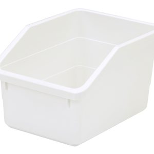 The Quantum Nesting Parts Bin, made in the USA, is an all-purpose white plastic storage bin with dimensions of 10-1/4L x 7-1/2W x 6H. It has an open front for easy access, a slightly tapered rectangular shape, and a flat bottom for stability.