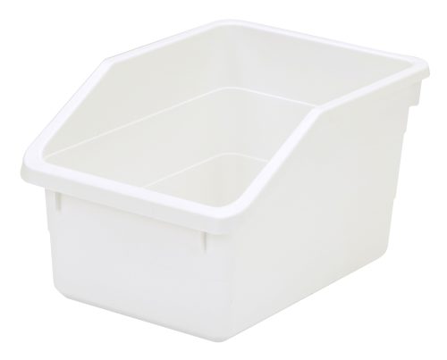 NPB1076_WH.jpg The Quantum Nesting Parts Bin, made in the USA, is an all-purpose white plastic storage bin with dimensions of 10-1/4L x 7-1/2W x 6H. It has an open front for easy access, a slightly tapered rectangular shape, and a flat bottom for stability.