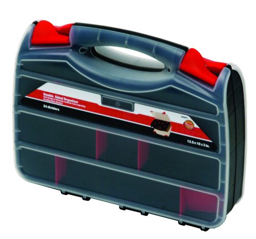 ORG80322.jpg The Quantum Organizer is a black and red double-sided plastic storage box with a front label and handle, featuring 12 dividers for various compartments. It measures 12-1/4L x 10-1/4W x 3H.