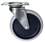 The Quantum Caster, a single black and gray swivel wheel with metal mounting plate and bracket, is perfect for replacing polymer utility cart wheels. Displayed on a white background, its side view showcases the attachment mechanism clearly.