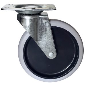 The Quantum Caster, a single black and gray swivel wheel with metal mounting plate and bracket, is perfect for replacing polymer utility cart wheels. Displayed on a white background, its side view showcases the attachment mechanism clearly.