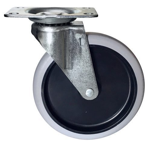 The Quantum Caster, a single black and gray swivel wheel with metal mounting plate and bracket, is perfect for replacing polymer utility cart wheels. Displayed on a white background, its side view showcases the attachment mechanism clearly.
