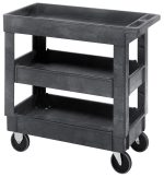 The Quantum Utility Cart, made from polymer in gray, features three shelves and a push handle for easy maneuvering. It includes four 5 casters (2 rigid, 2 swivel), with a recessed middle shelf and an edged top to secure items.