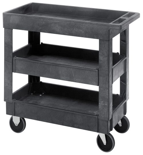 The Quantum Utility Cart, made from polymer in gray, features three shelves and a push handle for easy maneuvering. It includes four 5 casters (2 rigid, 2 swivel), with a recessed middle shelf and an edged top to secure items.