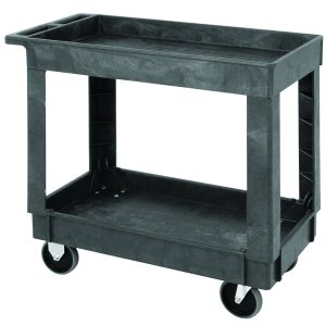 The Quantum Utility Cart in gray features two polymer shelves with a 550 lb. capacity and boasts four 5 casters, including two rigid and two swivel, for easy mobility. Its simple design and open shelf space make it ideal for efficient item transport.