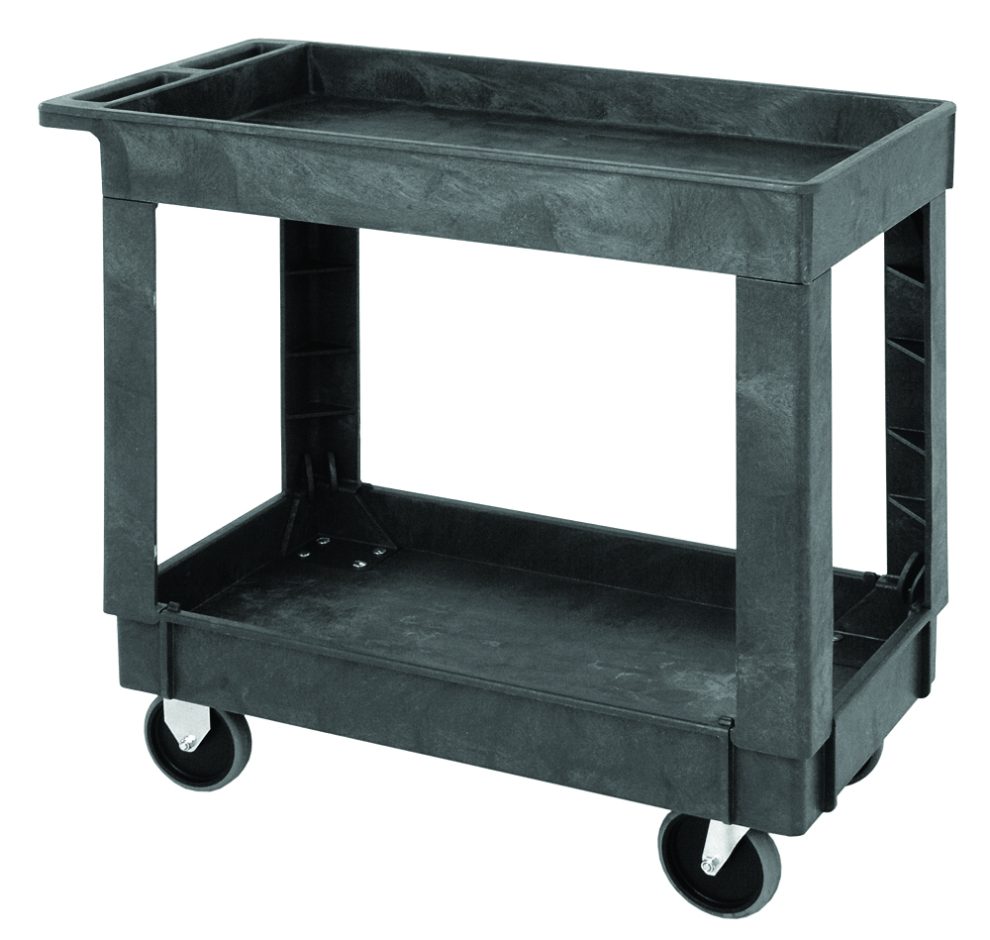 Gray polymer two-shelf utility cart, 34 inches long, with recessed shelves