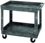 The Quantum Utility Cart features two shelves, a push handle, and four 5 casters (two rigid, two swivel). It has a robust 550 lb. capacity for heavy-duty tasks and is made of gray polymer.
