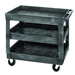 The Quantum Utility Cart is a three-shelf unit made from durable polymer, with a 550 lb. capacity. It includes raised-edge shelves, four 5 casters (two rigid and two swivel), and a push handle for convenient maneuverability, all in gray.