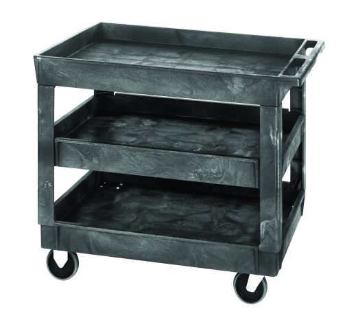 The Quantum Utility Cart is a three-shelf unit made from durable polymer, with a 550 lb. capacity. It includes raised-edge shelves, four 5 casters (two rigid and two swivel), and a push handle for convenient maneuverability, all in gray.