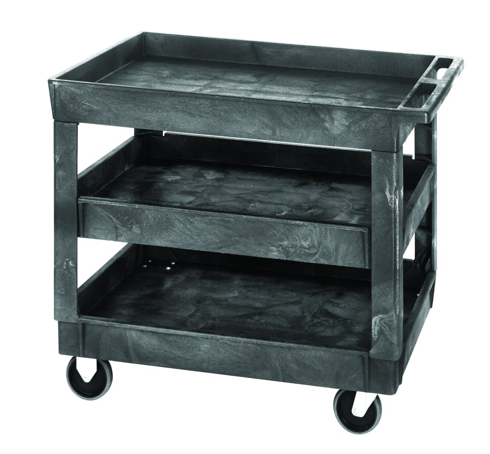 Gray polymer utility cart with three shelves and swivel casters
