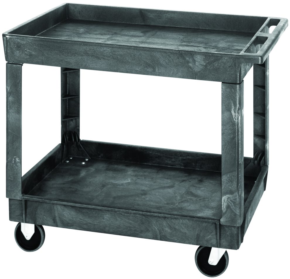 Gray polymer two-shelf utility cart with recessed shelves and five-inch casters