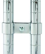 Close-up of the Quantum Post Clamp, 3-1/3 with a shiny metal structure featuring two vertical rods connected by a central horizontal bar. A central screw is present on the 3-1/3 bar, and the rods have evenly spaced etched lines.