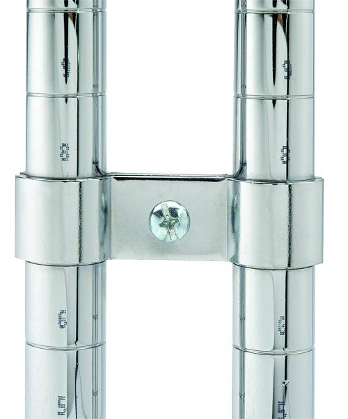 Close-up of the Quantum Post Clamp, 3-1/3 with a shiny metal structure featuring two vertical rods connected by a central horizontal bar. A central screw is present on the 3-1/3 bar, and the rods have evenly spaced etched lines.
