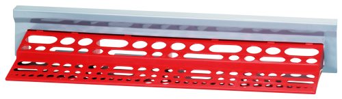 The Quantum Plastic Cart Tool Holder is a red organizer with circular and oval holes for tools, mounted on a silver metal rack. Its perfect for use with standard shelf plastic carts to optimize workspace organization.