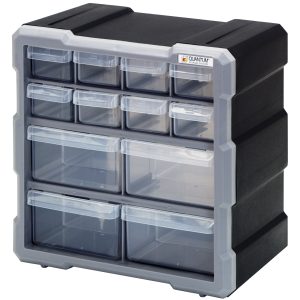 The Quantum Plastic Drawer Cabinet measures 6-1/4L x 10-1/2W x 10-1/4H and features (8) 5-1/2L x 2W x 1-1/4H drawers, (4) 5-1/2L x 4-1/4W x 2H drawers, each with a divider. It offers stable stacking and easy wall mounting for versatile organization.