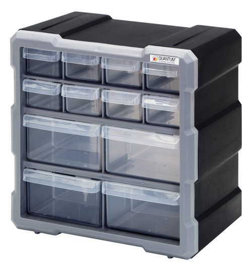 Plastic Drawers -12 drawers The Quantum Plastic Drawer Cabinet measures 6-1/4L x 10-1/2W x 10-1/4H and features (8) 5-1/2L x 2W x 1-1/4H drawers, (4) 5-1/2L x 4-1/4W x 2H drawers, each with a divider. It offers stable stacking and easy wall mounting for versatile organization.