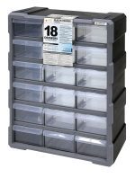 The Quantum Plastic Drawer Cabinet, measuring 6-1/4L x 10-1/2W x 10-1/4H, features a gray finish, stable stacking, and easy wall mounting. It includes 18 transparent drawers with dividers and an eight-left, ten-right staggered layout.