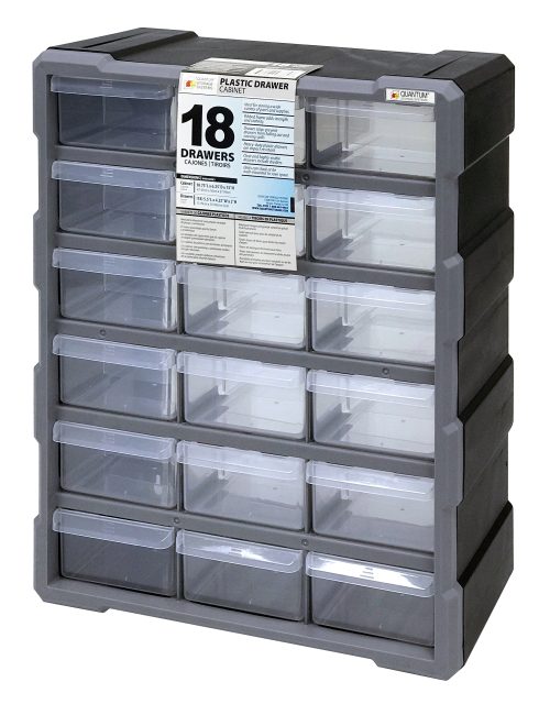 The Quantum Plastic Drawer Cabinet, measuring 6-1/4L x 10-1/2W x 10-1/4H, features a gray finish, stable stacking, and easy wall mounting. It includes 18 transparent drawers with dividers and an eight-left, ten-right staggered layout.