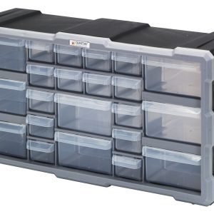 The Quantum Plastic Drawer Cabinet, 6-1/4L x 19-1/2W x 10H, boasts a sleek black frame with gray edges and grid pattern. It features (14) 5-1/2L x 2W x 1-1/4W drawers and (8) 5-1/2L x 4-1/4W x 2H drawers, each with a divider for organizing small items, and allows stable stacking or wall mounting.