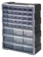 The Quantum Plastic Drawer Cabinet measures 6-1/4L x 15W x 18-3/4H and includes a black frame with (30) 5-1/2L x 2W x 1-1/4W drawers and (9) 5-1/2L x 4-1/4W x 2H transparent drawers. Each drawer includes a divider, designed for stable stacking and easy wall mounting.