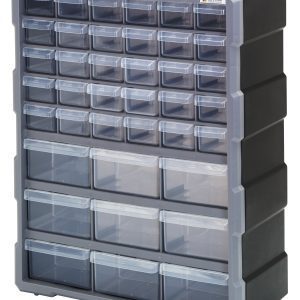 The Quantum Plastic Drawer Cabinet measures 6-1/4L x 15W x 18-3/4H and includes a black frame with (30) 5-1/2L x 2W x 1-1/4W drawers and (9) 5-1/2L x 4-1/4W x 2H transparent drawers. Each drawer includes a divider, designed for stable stacking and easy wall mounting.