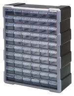 The Quantum Plastic Drawer Cabinet, measuring 6-1/4L x 15W x 18-3/4H, includes 60 transparent drawers with dividers, ideal for organizing small items. The sturdy frame ensures stable stacking and easy wall mounting.