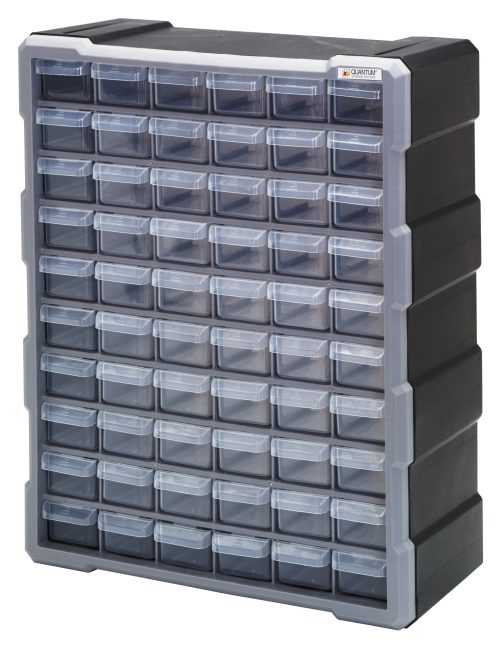 The Quantum Plastic Drawer Cabinet, measuring 6-1/4L x 15W x 18-3/4H, includes 60 transparent drawers with dividers, ideal for organizing small items. The sturdy frame ensures stable stacking and easy wall mounting.