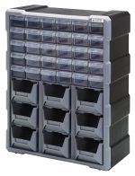 The Quantum Plastic Drawer Cabinet, measuring 6-1/4L x 15W x 18-3/4H, features stable stacking and easy wall mounting. It includes (30) small and (9) larger transparent drawers with dividers for organizing various items or tools in a gray and black design.