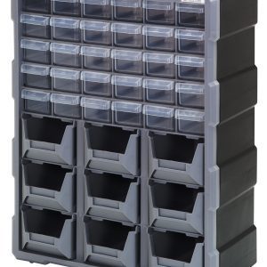 The Quantum Plastic Drawer Cabinet, measuring 6-1/4L x 15W x 18-3/4H, features stable stacking and easy wall mounting. It includes (30) small and (9) larger transparent drawers with dividers for organizing various items or tools in a gray and black design.