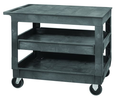 The Quantum Utility Cart offers a 550 lb. capacity with three flat-top shelves, a push handle, and (4) 5 casters (2 rigid, 2 swivel). Its gray polymer build is perfect for organizing or transporting items in diverse settings. This product ships knocked down.