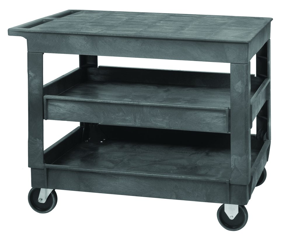 Gray polymer three-shelf flat top utility cart
