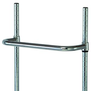 Close-up of the Quantum Push Handle, 18W, featuring a chrome-plated finish and sleek, curved design, attached to two vertical metal poles with notches for adjustable positioning options.