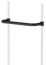 The Quantum Push Handle features a black epoxy antimicrobial finish with a sleek, rounded design. It attaches to two vertical, grooved silver poles positioned 18W apart against a plain white background, forming an open rectangular shape.