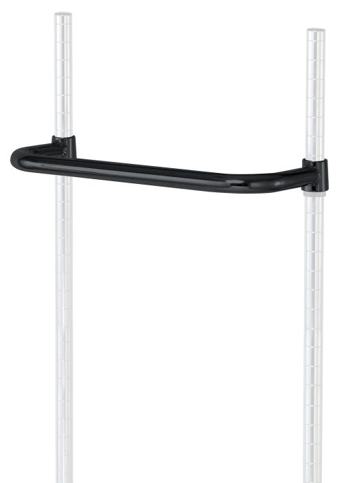 The Quantum Push Handle features a black epoxy antimicrobial finish with a sleek, rounded design. It attaches to two vertical, grooved silver poles positioned 18W apart against a plain white background, forming an open rectangular shape.