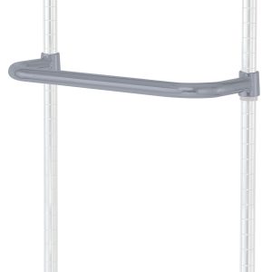 The Quantum Push Handle, 18W, with a gray epoxy antimicrobial finish, is fixed between two vertical metal poles to enhance stability and structure in shelving systems. The industrial design is accentuated against a plain white background.