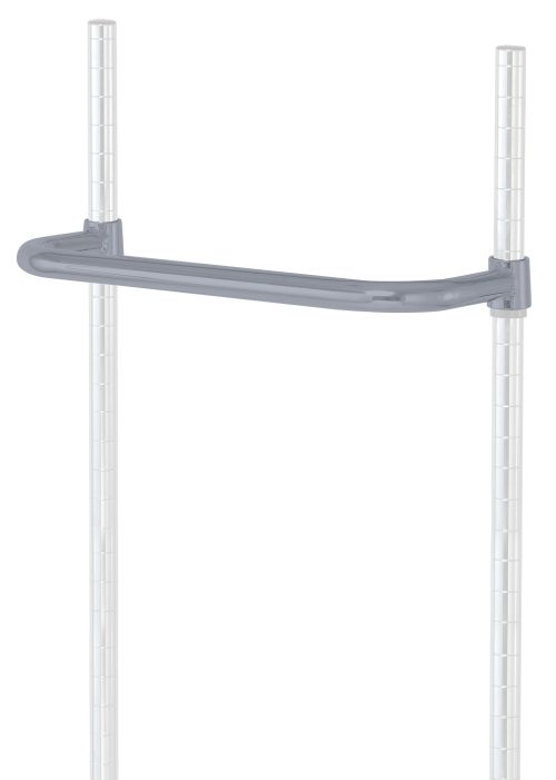 The Quantum Push Handle, 18W, with a gray epoxy antimicrobial finish, is fixed between two vertical metal poles to enhance stability and structure in shelving systems. The industrial design is accentuated against a plain white background.