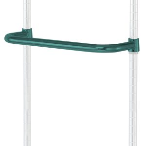 A Quantum Push Handle, with an 18W span and green epoxy antimicrobial finish, is mounted on two transparent rods. The design offers multiple height adjustments marked on the rods, and its curved form efficiently supports shelves.